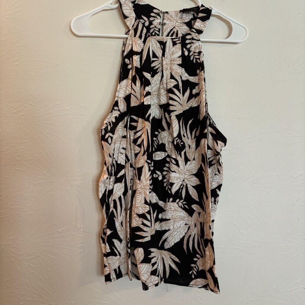 Nicole Miller NY Women's Large Sleeveless Linen Top Tank Beige Black High‎ Neck